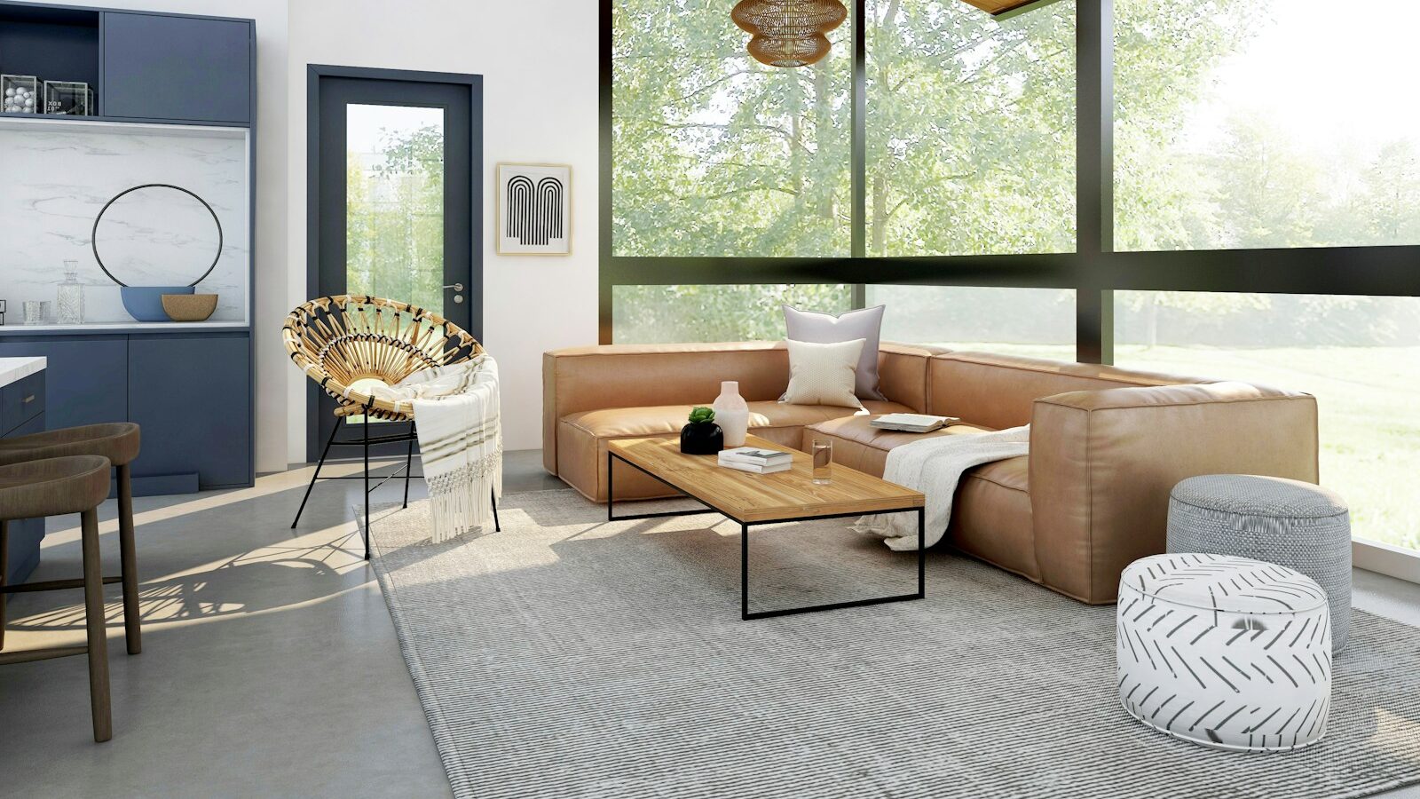 living room with brown sofa and glass window