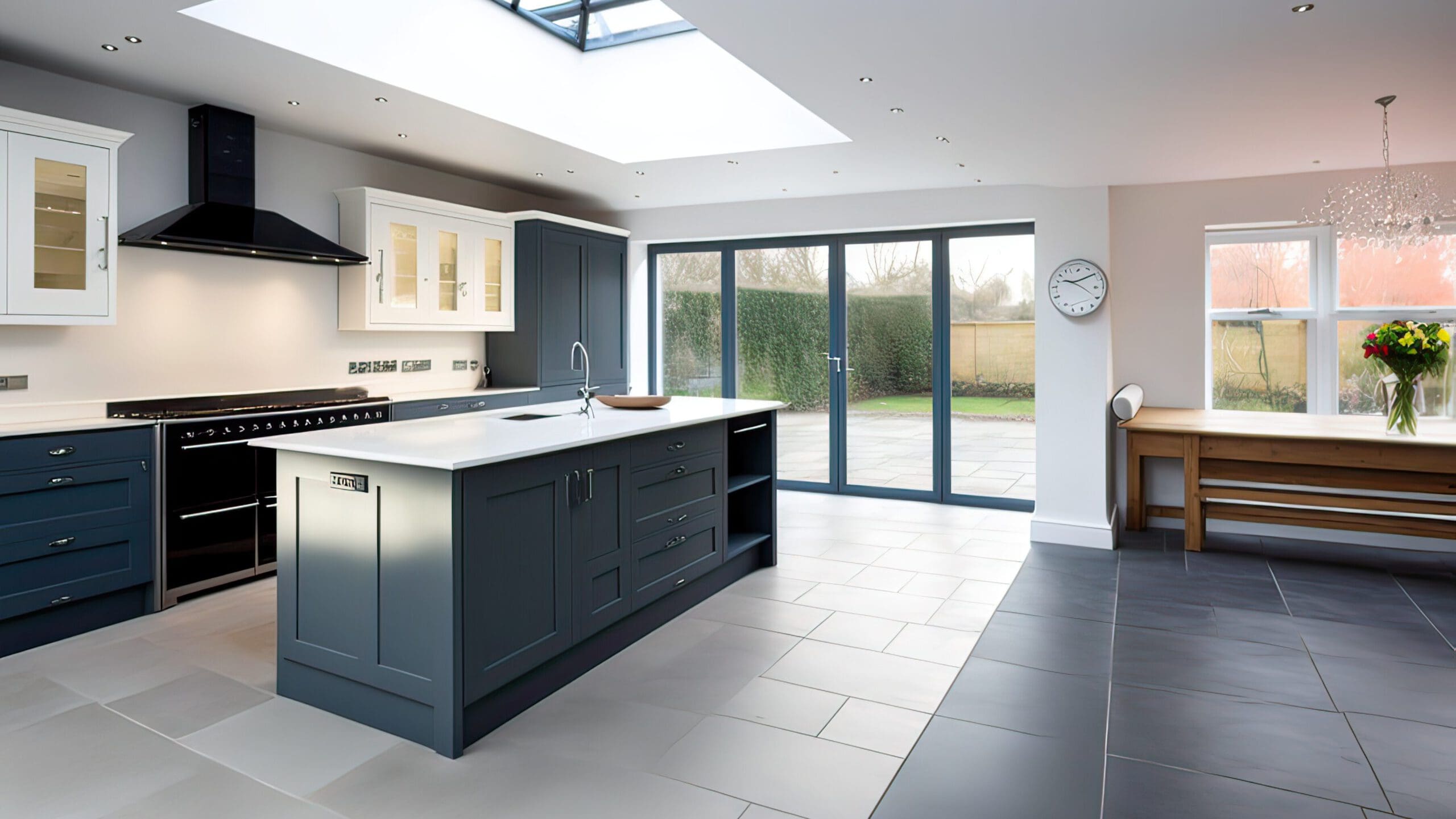 A spacious modern kitchen with a central island featuring dark cabinetry and a white countertop. The kitchen has high-end appliances, including a stovetop and oven. Large glass doors and windows allow natural light, highlighting a contemporary dining area with a table and flowers.