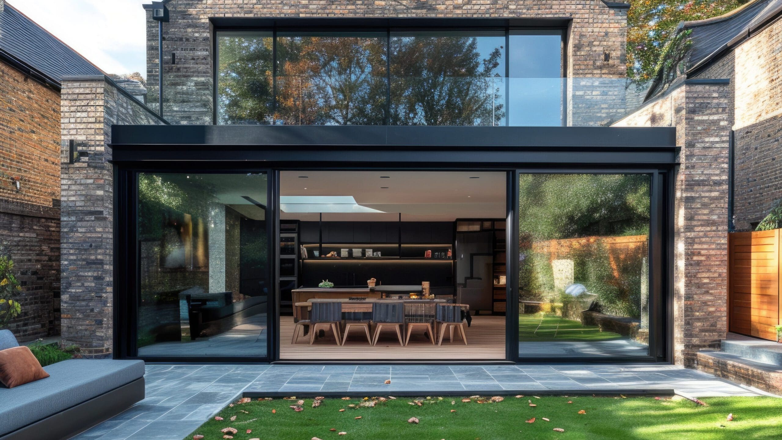 Contemporary house with large glass doors opening to a neatly manicured lawn. The interior shows a modern kitchen and dining area lit by skylights. The exterior features a mix of grey and black brickwork, and a spacious patio, with trees and greenery in the background.