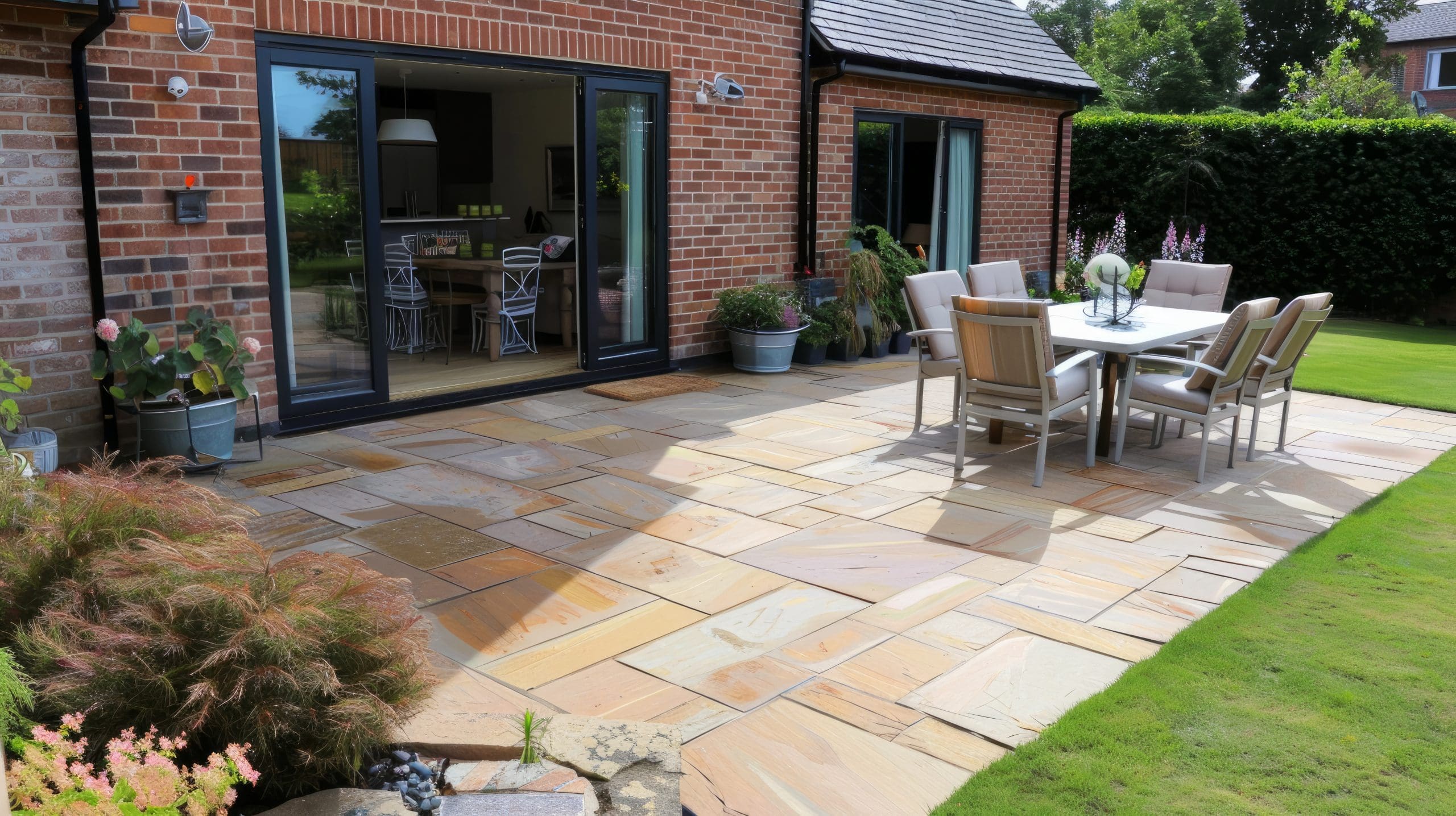 A spacious backyard patio with a large wooden table and six cushioned chairs. The patio is paved with light stone tiles and surrounded by potted plants. The patio leads into a brick house through sliding glass doors, revealing a modern kitchen inside.