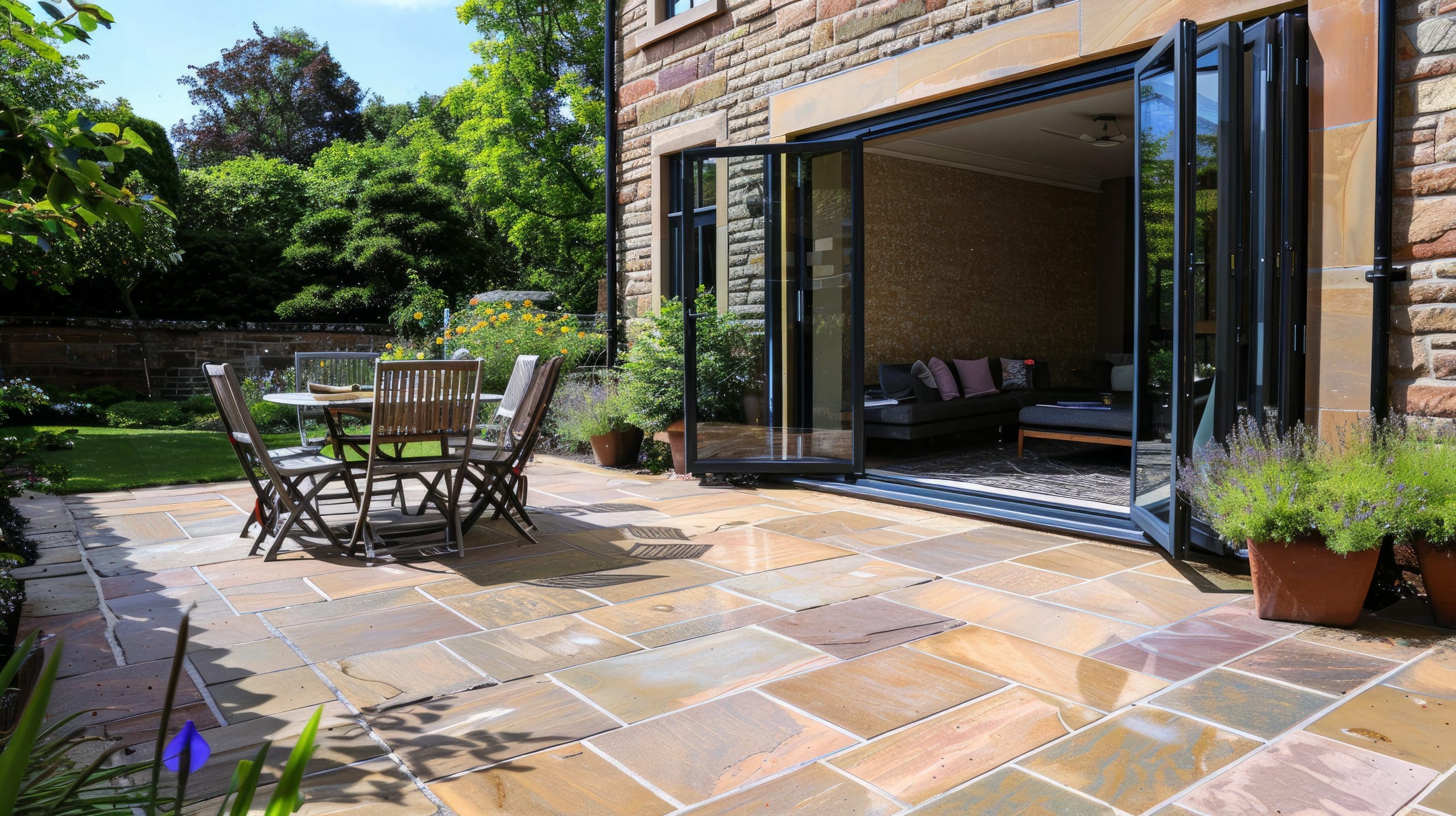 A sunlit patio with stone tiles features a wooden table and chairs. The patio leads to a cozy living room through open bi-fold glass doors. The surrounding garden has lush greenery and potted plants, and the exterior of the house has stone walls.