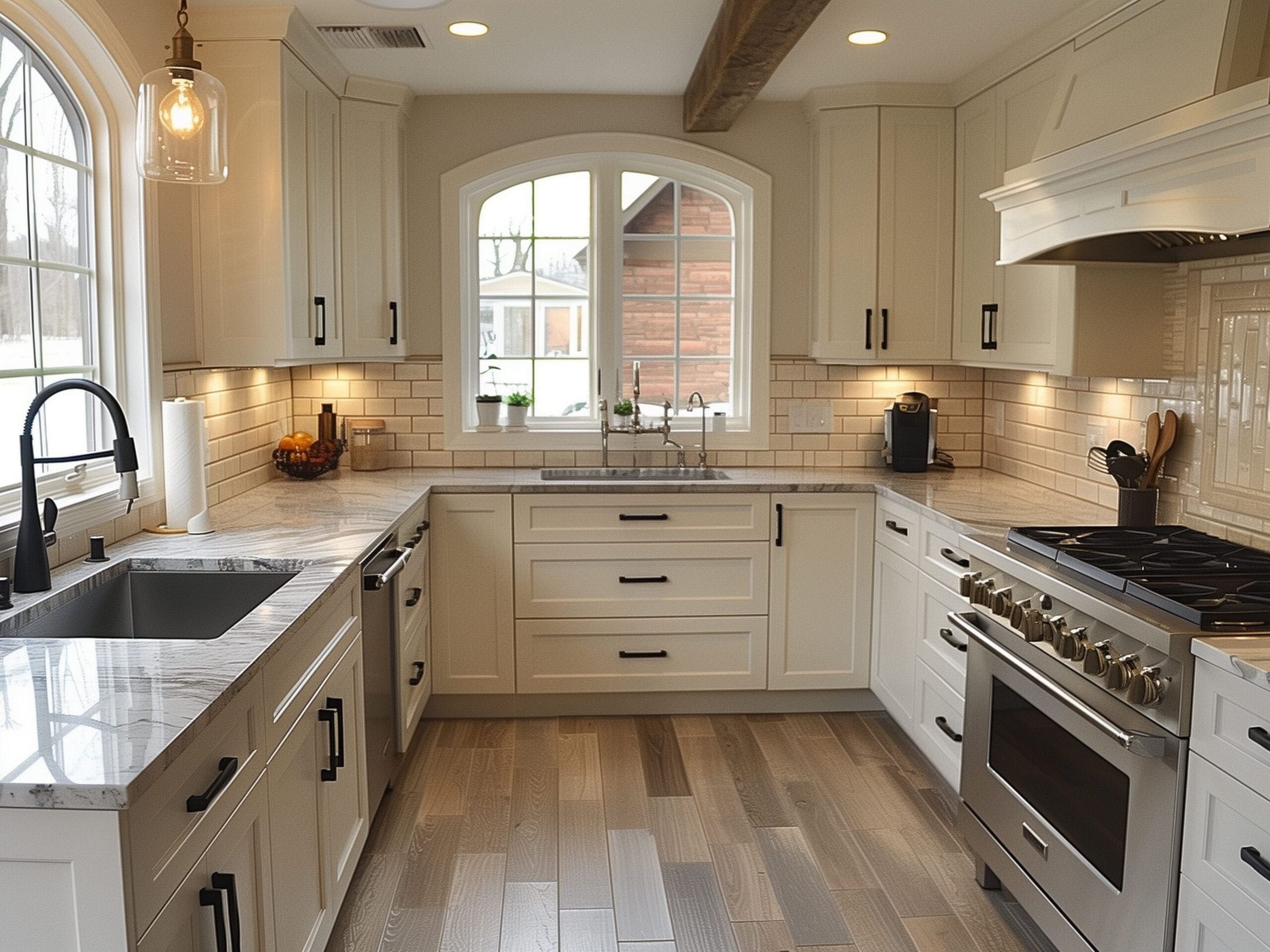 A modern kitchen features white cabinetry, stainless steel appliances, a large stove with a range hood, and marble countertops. A farmhouse sink is under a window with an arched frame, and wooden flooring complements the bright, clean design.