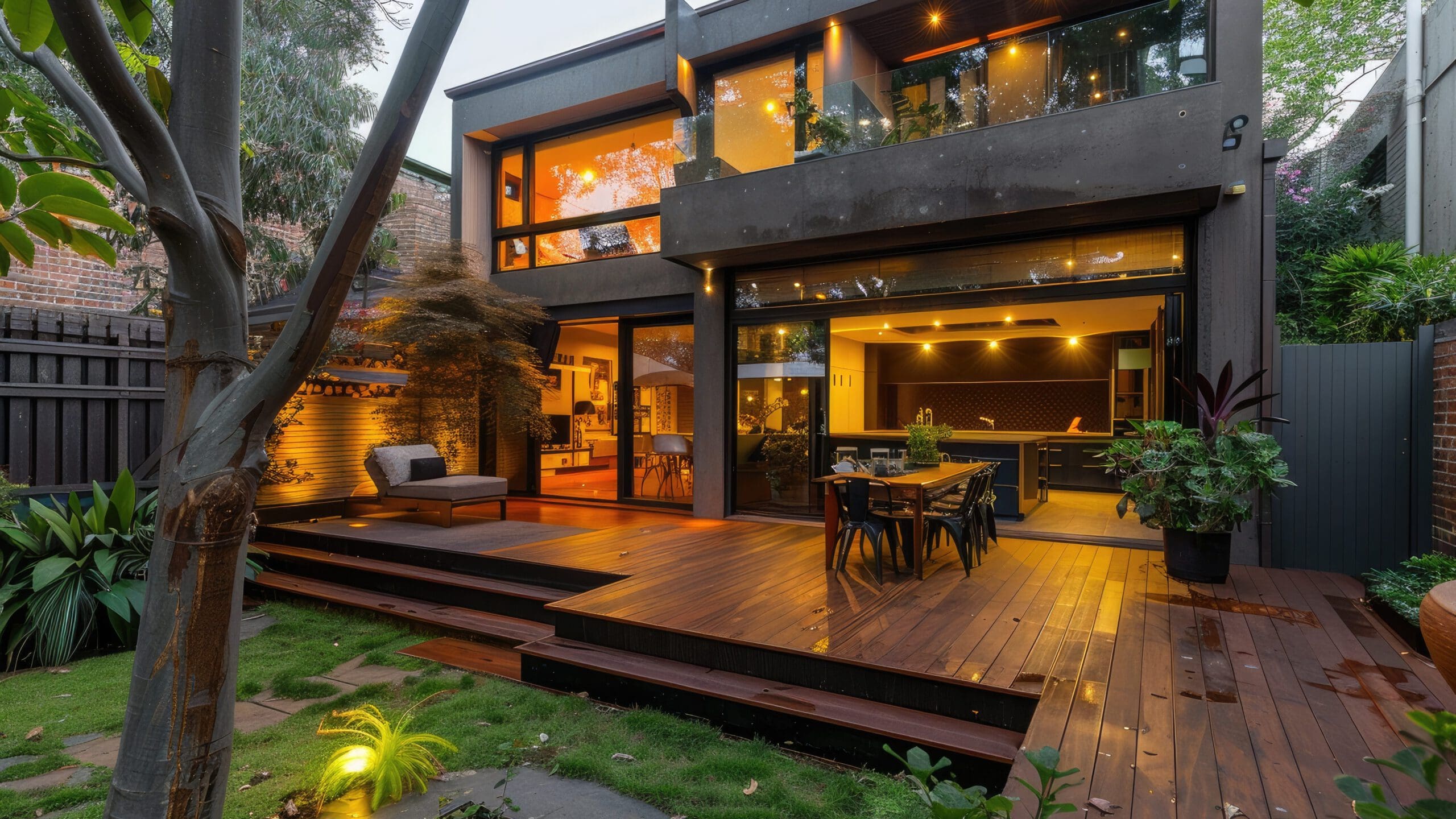 Modern two-story house with large glass windows and sliding doors opening to a wooden deck. The deck features a dining area and lush greenery. Warm indoor lighting contrasts with the greenery outside. The surroundings include trees and well-manicured garden beds.