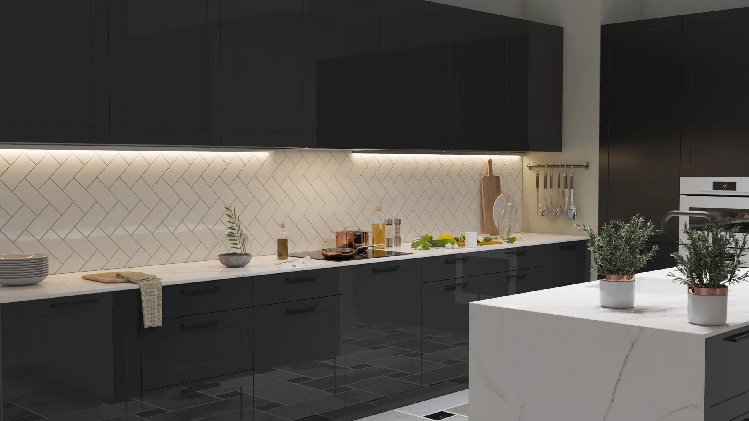 A modern kitchen with sleek black cabinets, white countertops, and a herringbone-patterned white tile backsplash. Under-cabinet lighting illuminates the counters. The island has a marble-like surface and potted plants. Copper cookware and various kitchen items are neatly arranged.