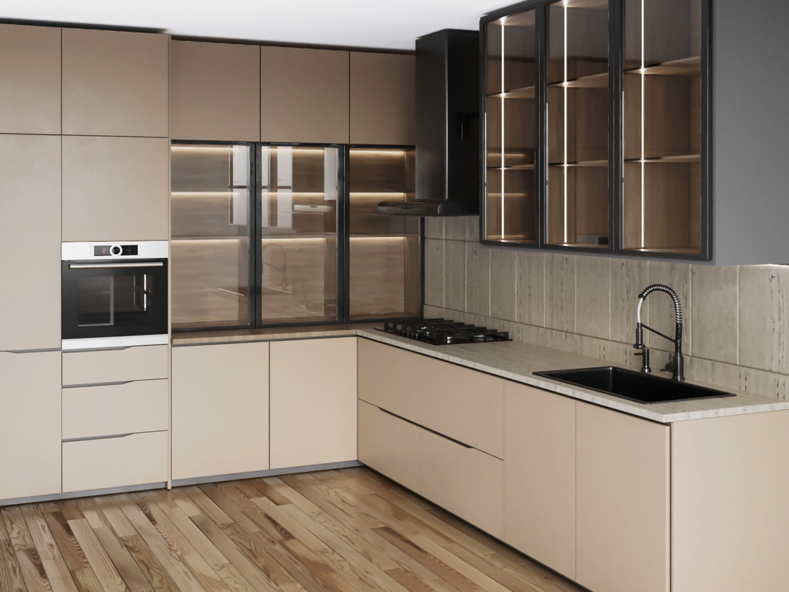 A modern kitchen with beige cabinets and drawers, black appliances including a built-in oven and stove, large glass-fronted cabinets with shelves, a black sink with a gooseneck faucet, and light wooden flooring. The backsplash is light gray and textured.