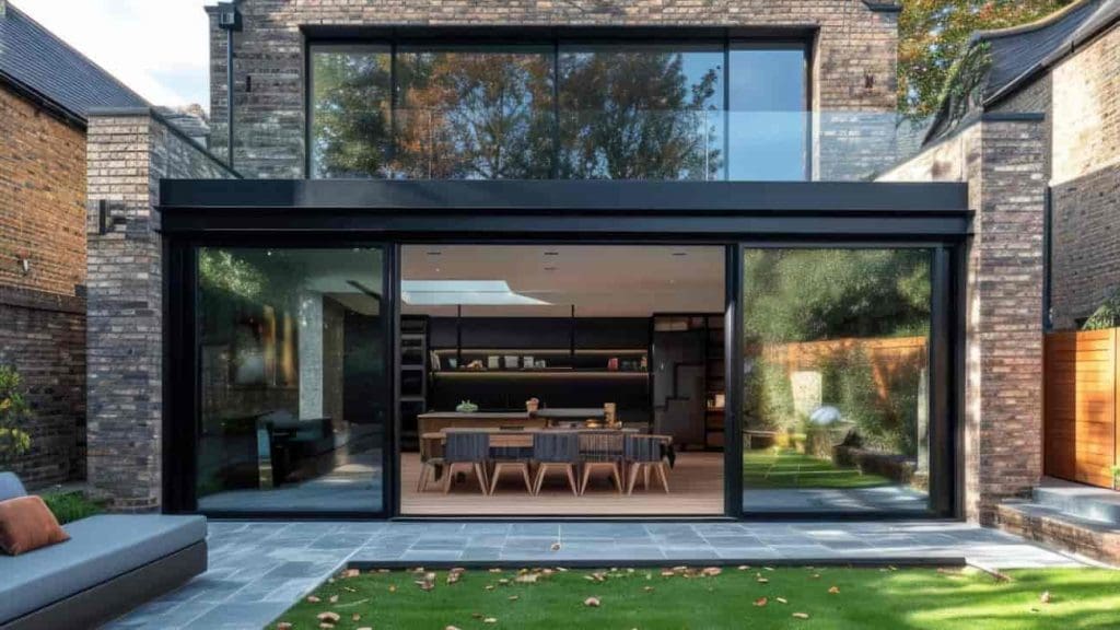 A modern house with large glass sliding doors opening onto a patio and lawn. Inside, a dining table and kitchen are visible. The exterior features dark brick and sleek, minimalist design.