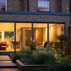 A modern glass extension at the back of a brick house glows warmly at night, revealing a stylish, open-plan living and dining area. Lush plants and a small garden fill the foreground.