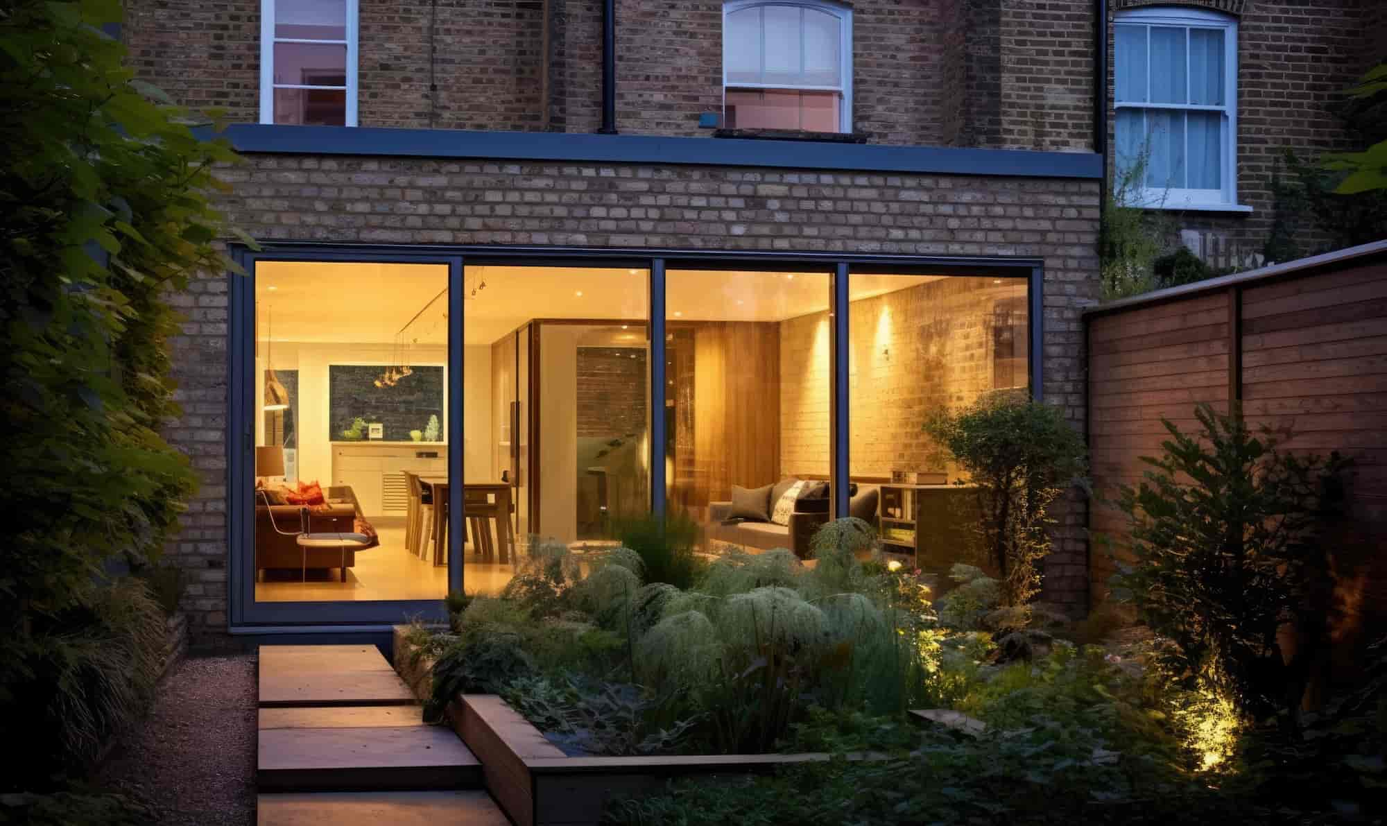 A modern glass extension at the back of a brick house glows warmly at night, revealing a stylish, open-plan living and dining area. Lush plants and a small garden fill the foreground.