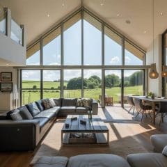 Spacious modern living room with floor-to-ceiling windows, black leather sofas, wood floors, dining area, and a scenic view of green fields and blue sky outside.