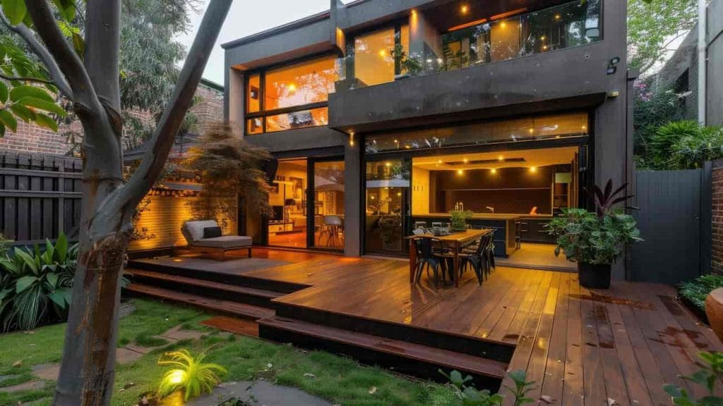 A modern two-story house with large glass windows overlooks a wooden deck patio with outdoor dining and lounge areas, surrounded by lush greenery and ambient lighting in the evening.